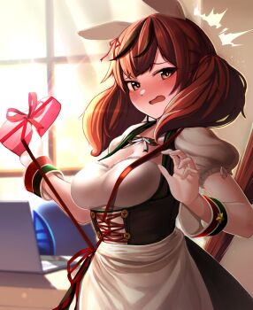 1girl ^^^ alternate_costume animal_ears blush bodice box breasts brown_eyes brown_hair cleavage computer dirndl dress ear_covers german_clothes gift gift_box heart-shaped_box highres holding holding_box horse_ears horse_girl horse_tail hoshikuzu_kizuna_(kizuna_stardust) indoors jacket laptop large_breasts looking_at_viewer medium_hair multicolored_hair nice_nature_(umamusume) nose_blush open_clothes open_jacket open_mouth puffy_short_sleeves puffy_sleeves red_ribbon revision ribbon short_sleeves solo streaked_hair surprised tail twintails umamusume valentine wrist_cuffs