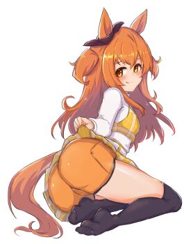 1girl :p absurdres animal_ears ass black_thighhighs blush closed_mouth commentary full_body highres horse_ears horse_girl horse_tail long_hair looking_at_viewer mayano_top_gun_(casual)_(umamusume) mayano_top_gun_(umamusume) no_shoes orange_shorts plaid_clothes plaid_skirt shirt shorts shorts_under_skirt simple_background skirt smile solo taikihori tail thighhighs tongue tongue_out two_side_up umamusume white_background white_shirt yellow_skirt
