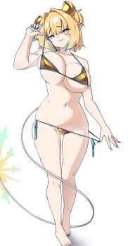 +_+ 1girl absurdres barefoot bikini bikini_pull blonde_hair blue_eyes blue_hair blue_nails blush bombergirl breasts closed_mouth clothes_pull commentary_request explosive fingernails full_body fuse_tail gold_bikini grenade grenade_hair_ornament hair_intakes half-closed_eyes highres large_breasts looking_at_viewer multicolored_hair nail_polish nouka pine_(bombergirl) raised_eyebrows short_hair simple_background smile smug solo standing swimsuit toenail_polish toenails two-tone_hair white_background