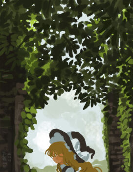 1girl absurdres black_hat black_vest blonde_hair bow cloud cloudy_sky from_side gaiyonghunichengyinshexianweiguiwufaxianshi hat hat_bow highres kirisame_marisa leaf long_hair sky solo touhou upper_body vest white_bow witch_hat yellow_eyes