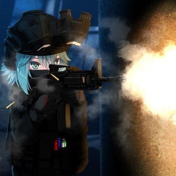 +_+ 1girl aiming alternate_costume ammunition ammunition_pouch aqua_eyes aqua_hair assault_rifle black_gloves black_jacket black_mask blue_eyes blue_hair body_armor bullet bulletproof_vest cartridge casing_ejection combat_helmet contemporary covered_mouth ear_protection finger_on_trigger firing flashlight gloves green_eyes gun hair_between_eyes handgun headset helmet highres holding holding_gun holding_weapon jacket load_bearing_vest long_sleeves m4_carbine magazine_(weapon) mask military military_operator military_uniform mouth_mask muzzle_flash night pouch rifle rindo_(vrchat) scope shell_casing short_hair smoke solo standing suzuki-shi tactical_clothes trigger_discipline upper_body vertical_foregrip weapon
