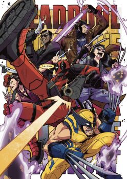 2girls 4boys belt blade_(marvel) blade_(series) bodysuit brown_hair card crossover deadpool deadpool_&amp;_wolverine deadpool_(series) dhampir elektra elektra_natchios energy gambit gloves gun highres holding laura_kinney logan_(movie) long_hair looking_at_viewer male_focus marvel marvel mask multiple_boys multiple_crossover multiple_girls muscular muscular_male short_hair sunglasses superhero_costume teeth undead vampire weapon wolverine_(x-men) x-23 x-men x-men_film_series yufo616
