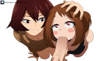 1boy 2girls arm_support artist_name assisted_fellatio bisexual_female black_tank_top boku_no_hero_academia breasts brown_eyes brown_hair brown_sweater cleavage erection felipe_godoy fellatio from_above hand_on_another&#039;s_head heart heart-shaped_pupils hetero kneeling large_penis looking_at_another mandalay_(boku_no_hero_academia) matching_hair/eyes medium_breasts medium_hair multiple_girls oral patreon_logo patreon_username penis pov rolling_eyes saliva sexual_coaching short_hair sidelocks simple_background smile source_request sweat sweater symbol-shaped_pupils tank_top uncensored uraraka_ochako watermark web_address white_background
