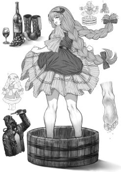 Rule 34 | 1boy, 1girl, absurdres, alcohol, arknights, bagpipe (arknights), barefoot, blush, boots, bottle, braid, bucket, cigaros, clothes lift, cup, doctor (arknights), drinking glass, feet, food, fruit, grape stomping, grapes, highres, horns, long hair, looking at viewer, looking back, monochrome, open mouth, shoes, skirt, skirt lift, socks, soles, toes, twin braids, unworn boots, unworn shoes, unworn socks, wine, wine bottle, wine glass, wooden bucket