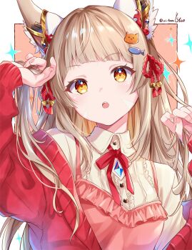 1girl alternate_hairstyle animal_ear_fluff animal_ears artist_name blunt_bangs border brown_hair cat_ears cat_girl cat_hair_ornament chest_jewel commentary_request fish_hair_ornament hair_ornament highres holding holding_own_hair long_hair long_sleeves looking_at_viewer neck_ribbon nia_(xenoblade) open_mouth outside_border red_ribbon ribbon signature solo twitter_username ui_frara upper_body white_border xenoblade_chronicles_(series) xenoblade_chronicles_2 yellow_eyes