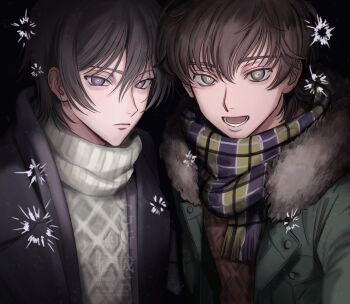 2boys black_hair brown_hair cable_knit coat code_geass commentary fur-trimmed_coat fur_trim green_coat green_eyes kururugi_suzaku lelouch_vi_britannia long_sleeves looking_at_viewer male_focus multiple_boys open_clothes open_coat plaid_clothes plaid_scarf purple_eyes scarf short_hair smile sweater symbol-only_commentary turtleneck turtleneck_sweater white_sweater yorusl