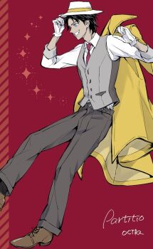 1boy black_hair brown_shoes character_name collared_shirt commentary copyright_name formal_clothes gloves grel_(r6hgvu5) grey_pants grey_suit hat holding holding_jacket holding_unworn_clothes jacket male_focus necktie octopath_traveler octopath_traveler_ii pants partitio_yellowil red_background red_necktie shirt shoes smile solo sparkle suit symbol-only_commentary unworn_jacket white_gloves white_hat white_shirt