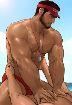 Rule 34 | 2boys, abs, bara, bare pectorals, beard, black hair, blush, brown hair, bulge, cloud, cloudy sky, dark-skinned male, dark skin, dopey (dopq), eye contact, facial hair, from side, groping, hands on another's hips, highres, imminent anal, imminent penetration, large pectorals, lifeguard, looking at another, male focus, male swimwear, mature male, multiple boys, muscular, muscular male, nipples, original, paid reward available, pectoral grab, pectorals, profile, red male swimwear, short hair, sideburns, sitting, sitting on person, sky, stomach, stubble, sweat, swim briefs, thick thighs, thighs, topless male, whistle, whistle around neck, yaoi