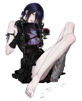 1girl aiomita arm_ribbon bandaged_foot bandages bandaid bandaid_on_foot black_choker black_dress black_gloves black_ribbon bleeding blood chainsaw_man choker collared_shirt dress flower full_body glass_shards gloves green_eyes grenade_pin highres holding holding_picture_frame iei knee_up looking_at_viewer parted_lips photo_(object) picture_frame purple_hair red_flower reze_(chainsaw_man) ribbon shirt sidelocks simple_background sitting solo white_background white_shirt