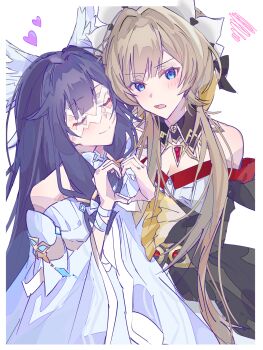 Rule 34 | 2girls, bare shoulders, black collar, black dress, black hair, blue eyes, blush, brown hair, closed eyes, closed mouth, collar, columbina (genshin impact), commentary request, den dendayo, detached collar, detached sleeves, dress, eye mask, frilled sleeves, frills, genshin impact, head wings, heart, heart hands, heart hands duo, highres, long hair, long sleeves, looking at viewer, mask, multiple girls, open mouth, sandrone (genshin impact), sidelocks, simple background, smile, squiggle, white background, white dress, white wings, wings, yuri