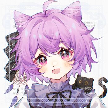 1girl :d ahoge bai_li_xuan black_ribbon blush cone_hair_bun double_bun hair_bun hair_intakes hair_ribbon highres looking_at_viewer neck_ribbon open_mouth original pink_eyes portrait purple_hair ribbon shirt short_hair smile solo watermark white_background white_shirt