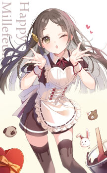1girl apron black_shorts black_thighhighs blowing_kiss blush brown_eyes brown_hair commentary frilled_apron frills gakuen_idolmaster hair_ornament happy_mille-feuille_(idolmaster) heart heart_apron highres idolmaster kuramoto_beta-carotene kuramoto_china leaf_hair_ornament long_hair looking_at_viewer official_alternate_costume one_eye_closed parted_bangs short_sleeves shorts solo thighhighs wrist_cuffs
