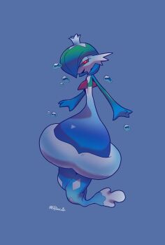 Rule 34 | 1girl, artist name, black sclera, blue background, blue crown, blue hair, blue skin, blue theme, bob cut, bubble, chocota (spchocota), colored sclera, colored skin, crown, female focus, flat chest, full body, fusion, gardevoir, gen 3 pokemon, gen 5 pokemon, gradient hair, gradient skin, green hair, green skin, hair over one eye, half-closed eyes, happy, highres, jellicent, mini crown, multicolored hair, multicolored skin, nintendo, one eye covered, open mouth, pokemon, pokemon (creature), short hair, signature, simple background, smile, solo, taur, twitter username, two-tone hair, white skin