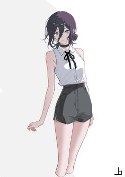 1girl absurdres bare_shoulders black_choker black_ribbon black_shorts chainsaw_man choker closed_mouth collared_shirt commentary cropped_legs english_commentary green_eyes hair_bun highres joadv looking_at_viewer neck_ribbon purple_hair reze_(chainsaw_man) ribbon shirt shirt_tucked_in shorts simple_background sleeveless sleeveless_shirt solo standing white_background white_shirt