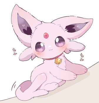 absurdres animal_collar animal_focus bell blush closed_mouth collar colored_sclera commentary_request espeon forehead_jewel forked_tail full_body gen_2_pokemon highres looking_at_viewer neck_bell nintendo no_humans pokemon pokemon_(creature) pokemon_focus purple_eyes purple_fur purple_sclera revision smile tail tail_wagging yupo_0322
