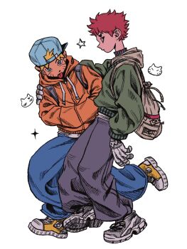 Rule 34 | 2boys, alternate costume, arm around shoulder, backwards hat, bag, baggy pants, blonde hair, blue eyes, blue hat, blue pants, commentary request, contemporary, converse, facial mark, fashion, forehead mark, full body, gaara (naruto), green shirt, grey pants, hat, heart, highres, korean commentary, long sleeves, male focus, multiple boys, naruto (series), pants, red hair, shirt, shoes, short hair, sneakers, tongue, tongue out, trano 613, turtleneck, uzumaki naruto, whisker markings, white background, yellow shoes