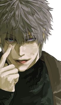 1boy :p arm_up black_shirt brown_jacket eyelid_pull grey_hair hashtag-only_commentary highres jacket looking_at_viewer male_focus open_clothes open_jacket original portrait shirt short_hair simple_background solo tongue tongue_out turtleneck unio1001 white_background