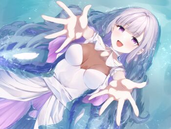 1girl absurdres azure_(sor_azr) breasts choker commentary_request commission dress grey_hair highres indie_virtual_youtuber long_hair looking_at_viewer lying medium_breasts on_back open_mouth outstretched_arms partially_submerged purple_dress purple_eyes reaching reaching_towards_viewer short_sleeves smile solo umi_omi virtual_youtuber water white_choker white_dress wide_sleeves
