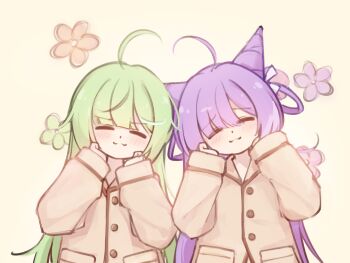 2girls :3 absurdres ahoge brown_pajamas brown_shirt closed_eyes closed_mouth commentary_request cone_hair_bun dot_nose double_bun electromocha floral_background green_hair hair_bun hands_up highres korean_commentary long_hair long_sleeves multiple_girls pajamas purple_hair shirt simple_background split_mouth stellive straight_hair swept_bangs tenko_shibuki upper_body virtual_youtuber white_background yuzuha_riko