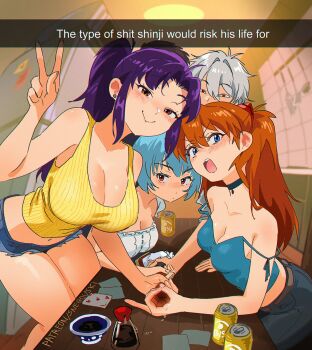 1boy 3girls alternate_costume ayanami_rei bare_shoulders beer_can blue_eyes blue_hair blush breasts brown_hair can card cleavage commentary denim double_strap_slip drink_can earrings english_text grey_hair highres ikari_gendou implied_handjob interface_headset_(evangelion) jeans jewelry katsuragi_misato long_hair looking_at_viewer medium_breasts multiple_girls nagisa_kaworu neon_genesis_evangelion off_shoulder open_mouth orange_hair pants playing_card pov purple_hair red_eyes short_hair short_shorts shorts smile snegovski souryuu_asuka_langley soy_sauce symbol-only_commentary tank_top v