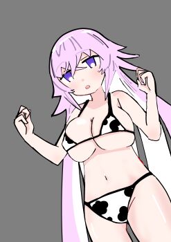 1girl absurdres animal_print bikini breast_expansion breasts clenched_hands cow_print cow_print_bikini grimms_notes hands_up highres huge_breasts kurahutooniki magic_mirror_(grimms_notes) navel parted_lips print_bikini purple_eyes purple_hair solo standing swimsuit teeth upper_teeth_only