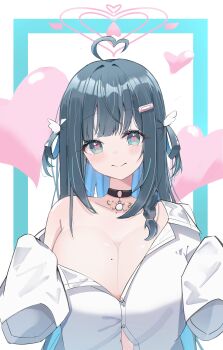 1girl absurdres ahoge amano_nene_(vtuber) amano_nene_(tenshi)_(vtuber) aqua_eyes bandaid bandaid_hair_ornament black_choker black_hair blush breasts button_gap choker closed_mouth commentary hair_ornament hair_rings halo heart heart-shaped_pupils heart_ahoge heart_halo highres huge_breasts indie_virtual_youtuber liyaku long_hair looking_at_viewer messy_hair mole mole_on_breast naked_shirt no_bra o-ring o-ring_choker off-shoulder_sweater off_shoulder oversized_clothes oversized_shirt partially_unbuttoned pink_halo shirt side_up_ring single_bare_shoulder smile solo sweater symbol-shaped_pupils upper_body virtual_youtuber white_shirt wing_hair_ornament