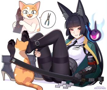 Rule 34 | 1girl, animal ears, aqua jacket, black necktie, black pantyhose, blunt bangs, blush, cat, collared shirt, eyeball, feet, fox ears, fox girl, gauntlets, holding, holding sword, holding weapon, hoshimi miyabi, jacket, long hair, necktie, open clothes, open jacket, pantyhose, rezodwel, shirt, shoes, single gauntlet, sitting, smile, sword, tailless (zenless zone zero), thighband pantyhose, unworn shoes, weapon, white background, white shirt, zenless zone zero