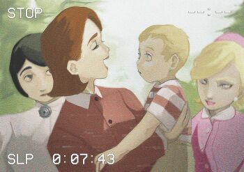 1boy 3girls black_hair bloberta_puppington blonde_hair blue_eyes bob_cut brown_hair carrying carrying_person closed_mouth deloris_trophywife earrings grin hat highres jewelry miss_secondopinionson moral_orel mother_and_son multiple_girls nid_log open_mouth outdoors pearl_earrings pink_lips red_lips shapey_puppington shirt short_hair smile striped_clothes striped_shirt t-shirt toddler tree very_short_hair white_shirt