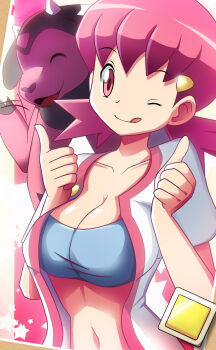 1990s_(style) 1girl :p absurdres alternate_color breasts cleavage collarbone gen_2_pokemon gym_leader hair_ornament hairclip happy highres jacket large_breasts lips midriff miltank navel nintendo one_eye_closed open_clothes open_jacket open_shirt pink_eyes pink_hair pokemon pokemon_(creature) pokemon_hgss retro_artstyle shiny_skin shirt shorts smile solo tongue tongue_out vivivoovoo whitney_(pokemon) wink