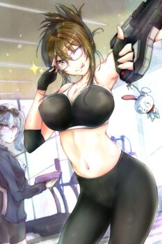 2girls bike_shorts black_bra black_gloves black_shorts blue_jacket bra breasts brown_hair cleavage collarbone elbow_gloves glasses gloves gun highres holding holding_gun holding_weapon jacket kisaragi_chitose large_breasts midriff multiple_girls navel nine_(super_robot_wars) purple_eyes rainier_(1976636922) red_eyes shorts silver_hair solo_focus sparkle sports_bra super_robot_wars super_robot_wars_v sweat tehepero tongue tongue_out track_jacket treadmill twintails underwear v-shaped_eyebrows weapon