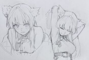 Rule 34 | 1girl, animal ears, arknights, arknights: endfield, arm up, armpits, bare shoulders, bird ears, blush, breasts, closed eyes, closed mouth, graphite (medium), greyscale, head wings, highres, long hair, looking at viewer, medium breasts, monochrome, multiple views, perlica (arknights), senpuki, simple background, smile, stretching, traditional media, upper body, very long hair, white background, wings