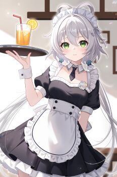 1girl alternate_costume apron arm_behind_back black_dress black_necktie blurry blurry_background blush breasts chinese_commentary closed_mouth collar commentary_request cowboy_shot cup detached_collar dress drink drinking_glass drinking_straw enmaided feixianji_(hairstyle) food frilled_apron frilled_dress frills fruit green_eyes grey_hair hair_between_eyes hair_ornament hair_rings hand_up highres holding holding_tray ice ice_cube indoors juice long_hair looking_at_viewer low_twintails luo_tianyi maid maid_apron maid_headdress miaoa_laoshi necktie orange_(fruit) orange_juice orange_slice plate puffy_short_sleeves puffy_sleeves short_necktie short_sleeves small_breasts solo standing thighhighs tray twintails very_long_hair vocaloid vsinger_(vocaloid) waist_apron white_apron white_collar wrist_cuffs