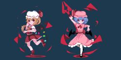 Rule 34 | 2girls, ascot, bat wings, blonde hair, blue hair, crystal wings, dress, flandre scarlet, full body, hand up, hat, hat ribbon, mary janes, miuu 000, mob cap, multiple girls, pink dress, pink ribbon, pixel art, red ascot, red dress, red eyes, red ribbon, remilia scarlet, ribbon, shoes, short hair, side ponytail, simple background, smile, thighhighs, touhou, white thighhighs, wings, yellow ascot