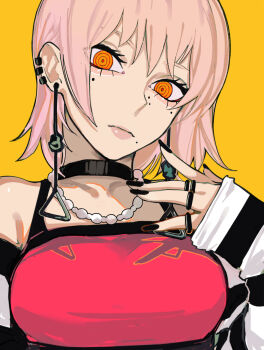 1girl aegyo_sal arm_warmers black_choker black_nails brown_hair chainsaw_man choker ear_piercing earrings fami_(chainsaw_man) highres jewelry looking_at_viewer mole mole_under_eye mole_under_mouth multiple_moles multiple_piercings multiple_rings orange_eyes piercing ring ringed_eyes sailen0 short_hair simple_background solo striped_arm_warmers tassel tassel_earrings yellow_background