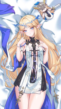 1girl absurdres bare_shoulders bed black_collar black_dress blonde_hair blue_eyes breasts cartethyia_(wuthering_waves) chinese_commentary closed_mouth collar commentary_request cowboy_shot crown_of_thorns dress earrings from_above hand_puppet hands_up highres jewelry long_hair looking_at_viewer lying medium_breasts merchandise_available misheng_liu_yin necklace on_back on_bed pointy_ears puppet sidelocks smile solo tabard tacet_mark_(wuthering_waves) thighs variant_set very_long_hair white_tabard wuthering_waves