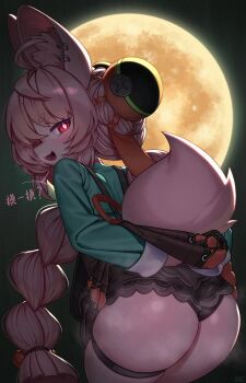 1girl absurdres ahoge animal_ear_fluff animal_ears ass ass_focus blush braid bright_pupils clothes_lift colored_skin commentary ear_piercing english_commentary full_moon furry furry_female highres lifting_own_clothes long_hair looking_at_viewer marlissig moon moonlight piercing pink_fur pink_hair rabbit_ears rabbit_girl rabbit_tail red_eyes skindentation skirt skirt_lift solo tail thick_eyebrows twin_braids very_long_hair white_pupils yellow_moon zenless_zone_zero zhao_(zenless_zone_zero)