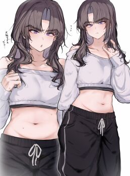 1boy ayase_ayato_(imamiya_pinoko) bare_shoulders black_pants brown_hair closed_mouth collarbone crop_top crossdressing crossdressing_(mtf) flying_sweatdrops highres imamiya_pinoko long_hair looking_at_viewer male_focus navel original pants parted_bangs parted_lips purple_eyes solo sweatpants thick_eyebrows translation_request trap