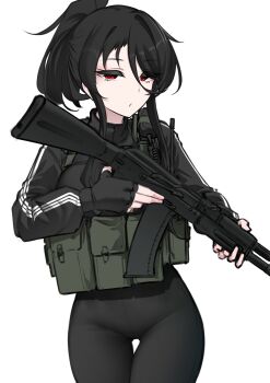Rule 34 | 1girl, absurdres, adidas, ak-74m, assault rifle, bandit-chan (k0ng), black gloves, black hair, black jacket, black pants, chest rig, fingerless gloves, gloves, gun, hair between eyes, high ponytail, highres, holding, holding gun, holding weapon, jacket, k0ng, kalashnikov rifle, long bangs, long hair between eyes, long sleeves, looking at viewer, original, pants, parted lips, ponytail, red eyes, rifle, sidelocks, simple background, solo, thigh gap, track jacket, weapon, white background, yoga pants