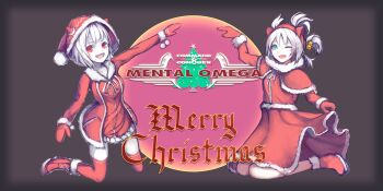 :d absurdres alternate_costume bell boots breasts christmas christmas_tree clothes_lift command_&amp;_conquer command_&amp;_conquer:_red_alert command_&amp;_conquer:_red_alert_2 dress english_text fang fur-trimmed_boots fur-trimmed_collar fur-trimmed_dress fur-trimmed_skirt fur-trimmed_sleeves fur_trim green_eyes hairband hat highres horned_hat jingle_bell libra_(mental_omega) logo merry_christmas mittens multi-tied_hair mys_sk neck_ribbon one_eye_closed open_mouth pale_skin pink_hair red_boots red_eyes red_hairband red_mittens red_thighhighs ribbon santa_costume santa_dress santa_hat short_hair skirt skirt_lift small_breasts smile thighhighs white_hair yunru_(mental_omega)