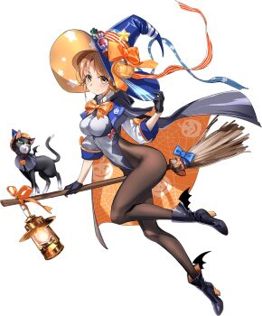 1girl bat_wings black_boots black_cape black_gloves black_pantyhose blue_hat blue_leotard boots bow breasts broom broom_riding brown_eyes brown_hair cape cat gloves grey_leotard halloween_costume hat highleg highleg_leotard jack-o&#039;-lantern_print jacket kantai_collection lantern leotard looking_at_viewer medium_breasts multicolored_leotard official_art orange_bow pantyhose ribbon richard_p._leary_(halloween)_(kancolle) richard_p._leary_(kancolle) short_hair third-party_source transparent_background two-sided_cape two-sided_fabric two-tone_leotard unsinkable_sam white_jacket wings witch_hat zeco