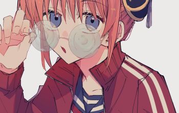 1girl adjusting_eyewear blue_eyes bun_cover coke-bottle_glasses commentary_request gintama glasses hair_bun highres jacket kagura_(gintama) long_sleeves looking_at_viewer natsuneco_02 open_clothes open_jacket open_mouth orange_hair portrait red_jacket sailor_collar sannen_z-gumi_ginpachi_sensei school_uniform serafuku short_hair sidelocks simple_background solo white_background