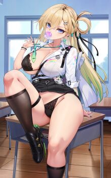 1girl absurdres alternate_breast_size_(larger) aqua_necktie black_bra black_panties black_shoes black_skirt blonde_hair blowing_bubble_gum bra breasts chewing_gum classroom clothes_lift desk earrings foot_out_of_frame groin hair_between_eyes hair_ornament highres huge_breasts id_card indoors jacket jewelry long_hair looking_at_viewer loose_necktie lynae_(wuthering_waves) multicolored_hair necktie niliu_chahui on_desk one_breast_out panties purple_eyes school_desk shirt shirt_tucked_in shoes sitting skirt skirt_lift skull_hair_ornament solo star_(symbol) star_earrings streaked_hair thighs underwear white_jacket white_shirt wuthering_waves