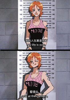 1girl ;q bare_shoulders black_shirt blush breasts brick_wall brown_eyes chinese_text closed_mouth collarbone english_text hashtag-only_commentary height_chart height_mark looking_at_viewer medium_breasts mixed-language_text nami_(one_piece) nami_(one_piece)_(whisky_peak) one_eye_closed one_piece onecata11 open_mouth orange_hair pink_shirt prison prisoner sequential shirt short_hair shoulder_tattoo single_sidelock sleeveless sleeveless_shirt smile solo straight-on subtitled tattoo tears tongue tongue_out two-tone_shirt upper_body