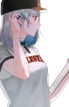 Rule 34 | 1girl, adjusting hair, baseball cap, black hat, blue hair, breasts, clipboard, closed mouth, clothes writing, colored inner hair, commentary request, from side, hair behind ear, hand up, hat, highres, holding, holding clipboard, holding pen, light blush, lize helesta, looking ahead, medium hair, multicolored hair, nijisanji, nijisanji koshien, pen, profile, purple eyes, shirt, short sleeves, simple background, small breasts, solo, sweat, textless version, two-tone hair, upper body, variant set, virtual youtuber, white background, white hair, white shirt, zmzm hiji