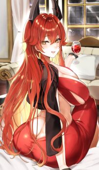 Rule 34 | 1girl, absurdres, ass, black jacket, breasts, butt crack, cleavage, commentary, couch, cup, dress, drinking glass, earrings, evening gown, from behind, goddess of victory: nikke, highres, holding, holding cup, horns, indoors, jacket, jacket on shoulders, jewelry, large breasts, long hair, mechanical horns, minus zero69, no panties, official alternate costume, red hair, red hood (nikke), red hood (nonsense red) (nikke), sitting, solo, very long hair, wine glass, yellow eyes