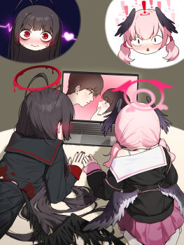! &lt;|&gt;_&lt;|&gt; 2girls absurdres antenna_hair b1026 black_hair black_shirt black_skirt black_wings blue_archive blush computer halo head_wings highres koharu_(blue_archive) laptop long_hair long_sleeves looking_at_screen lying multiple_girls on_stomach open_mouth pink_hair pink_halo red_eyes red_halo red_skirt shirt skirt tsurugi_(blue_archive) twintails wings