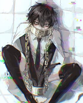 1boy alternate_costume artist_name bags_under_eyes black_eyes black_hair black_necktie black_skirt black_sleeves black_thighhighs cape chain chromatic_aberration clenched_hands commentary_request covered_mouth crossdressing crossdressing_(mtf) cuffs empty_eyes gold_chain hair_between_eyes highres index_(identity)_(project_moon) limbus_company looking_at_viewer male_focus necktie padded_room project_moon shackles shirt short_hair skirt solo ssaamm22222 thighhighs white_cape white_shirt yi_sang_(project_moon)