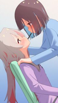 Rule 34 | 2girls, absurdres, blue background, blue hair, blue shirt, blush, bob cut, brown eyes, brown hair, colored inner hair, commentary, eye contact, face-to-face, food, food in mouth, from side, gradient background, grey hair, hand on another&#039;s shoulder, happyundergate, highres, hozuki momiji, leaning back, long hair, long sleeves, looking at another, multicolored hair, multiple girls, onii-chan wa oshimai!, oyama mahiro, pink hair, pink shirt, pocky, pocky day, pocky in mouth, pocky kiss, profile, shared food, shirt, short hair, simple background, sitting, two-tone hair, yuri