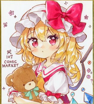 1girl ascot blonde_hair bow collared_shirt comiket_107 commentary_request flandre_scarlet hair_between_eyes hat hat_bow hat_ribbon holding holding_stuffed_toy long_hair looking_at_viewer marker_(medium) mimi_(mimi_puru) mob_cap puffy_short_sleeves puffy_sleeves red_bow red_eyes red_ribbon red_vest ribbon shikishi shirt short_sleeves solo stuffed_animal stuffed_toy teddy_bear touhou traditional_media upper_body vest white_hat white_shirt wings yellow_ascot