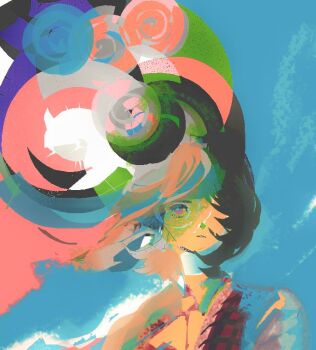 Rule 34 | 1girl, abstract, abstract background, blending, blue background, expressionless, floating hair, full lake, hair over one eye, kazami yuuka, looking at viewer, medium hair, one eye covered, parted lips, pink eyes, portrait, solo, touhou